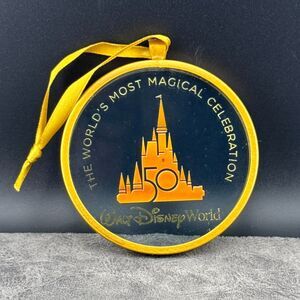 Rare Disney World 50th Anniversary Glass Holographic Gold Foil Disc Ornament 3"